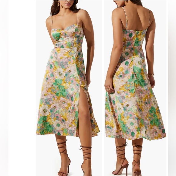 Astr Dresses & Skirts - ASTR Bustier Corset Satin Floral front Side Slit Midi Dress